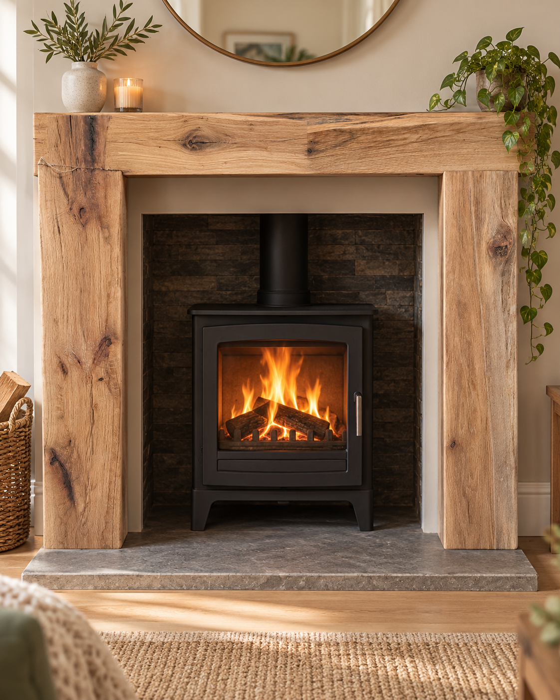Handcrafted oak fireplace surround