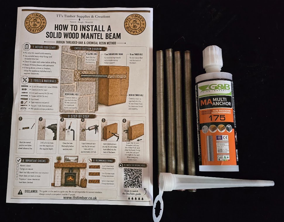 Oak mantel installation kit with fixing bars and resin