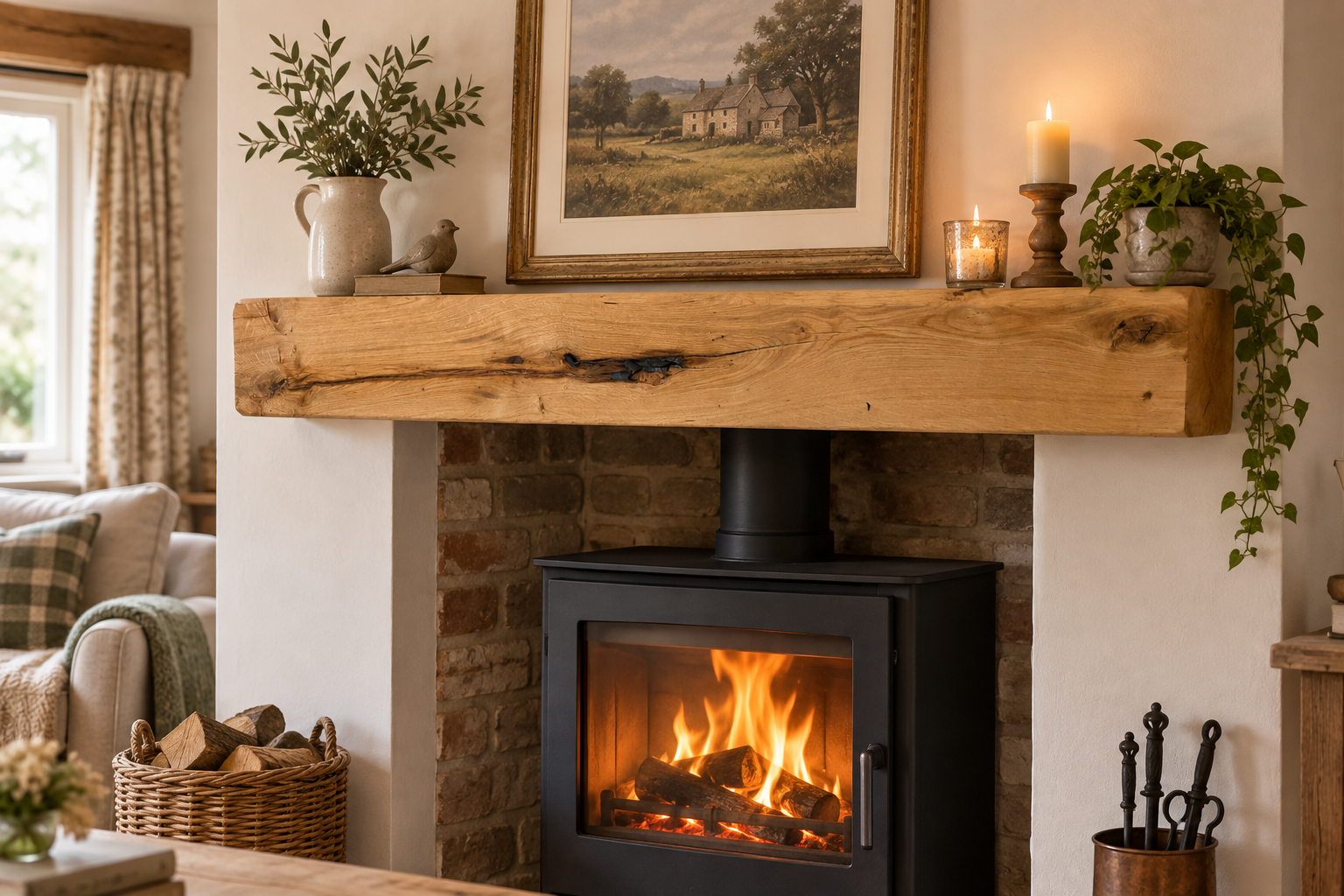 Handcrafted solid English oak fireplace mantel